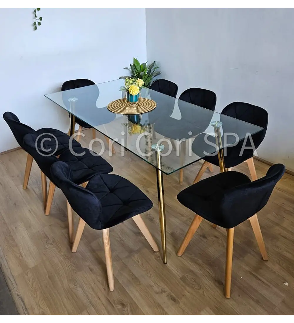 Comedor Rubi Gold 160x80cms  + 8 Sillas Mariposa Velvet 