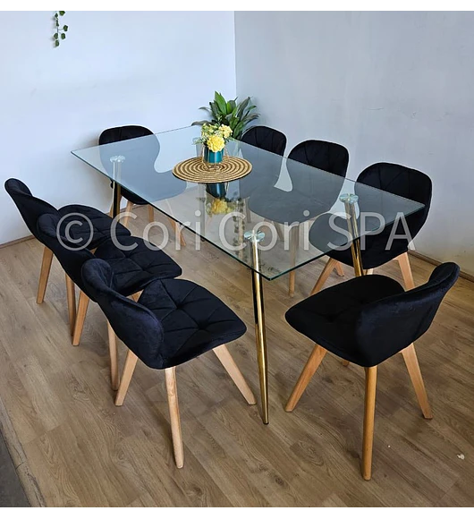 Comedor Rubi Gold 160x80cms  + 8 Sillas Mariposa Velvet 