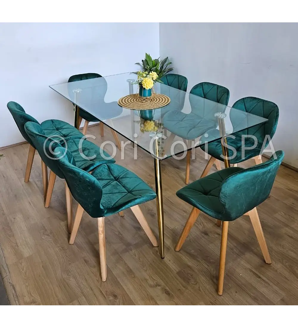 Comedor Rubi Gold 160x80cms  + 8 Sillas Mariposa Velvet 