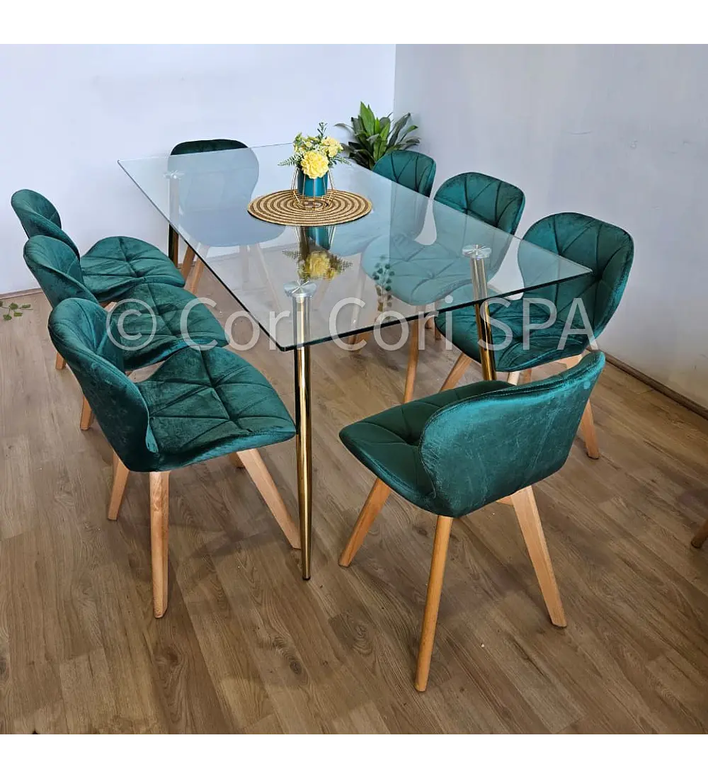 Comedor Rubi Gold 160x80cms  + 8 Sillas Mariposa Velvet 