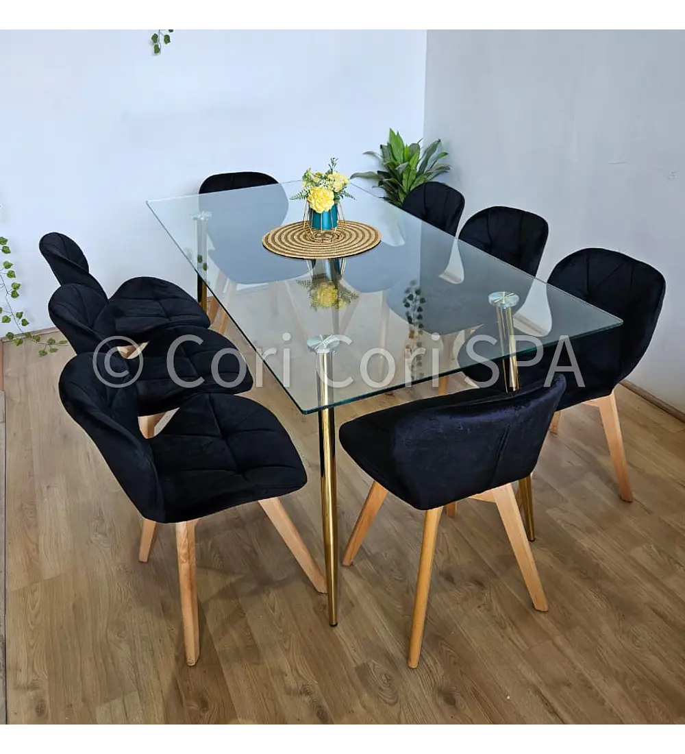 Comedor Rubi Gold 160x80cms  + 8 Sillas Mariposa Velvet 