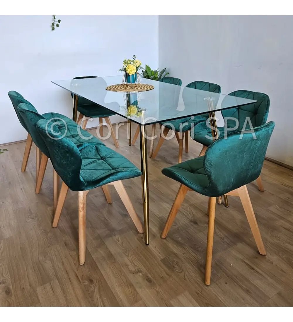Comedor Rubi Gold 160x80cms  + 8 Sillas Mariposa Velvet 