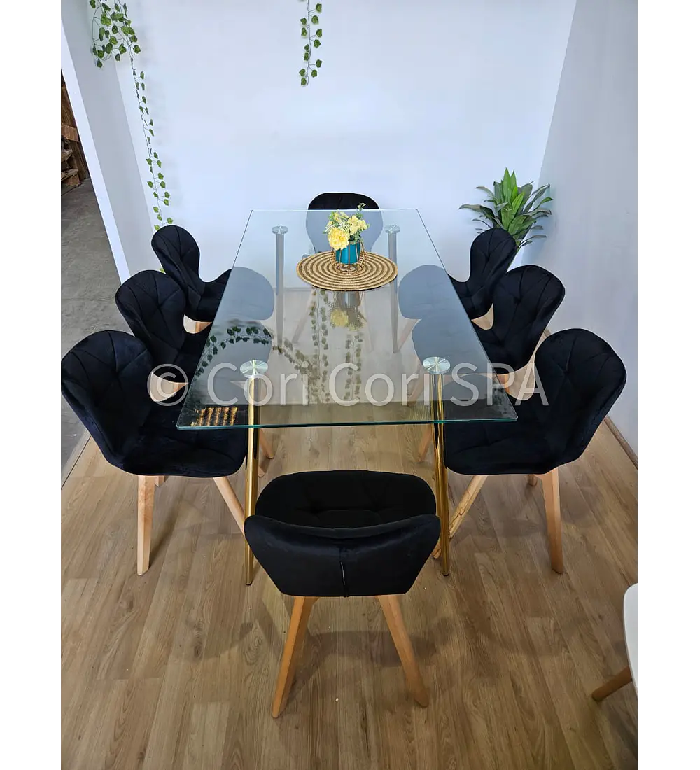 Comedor Rubi Gold 160x80cms  + 8 Sillas Mariposa Velvet 