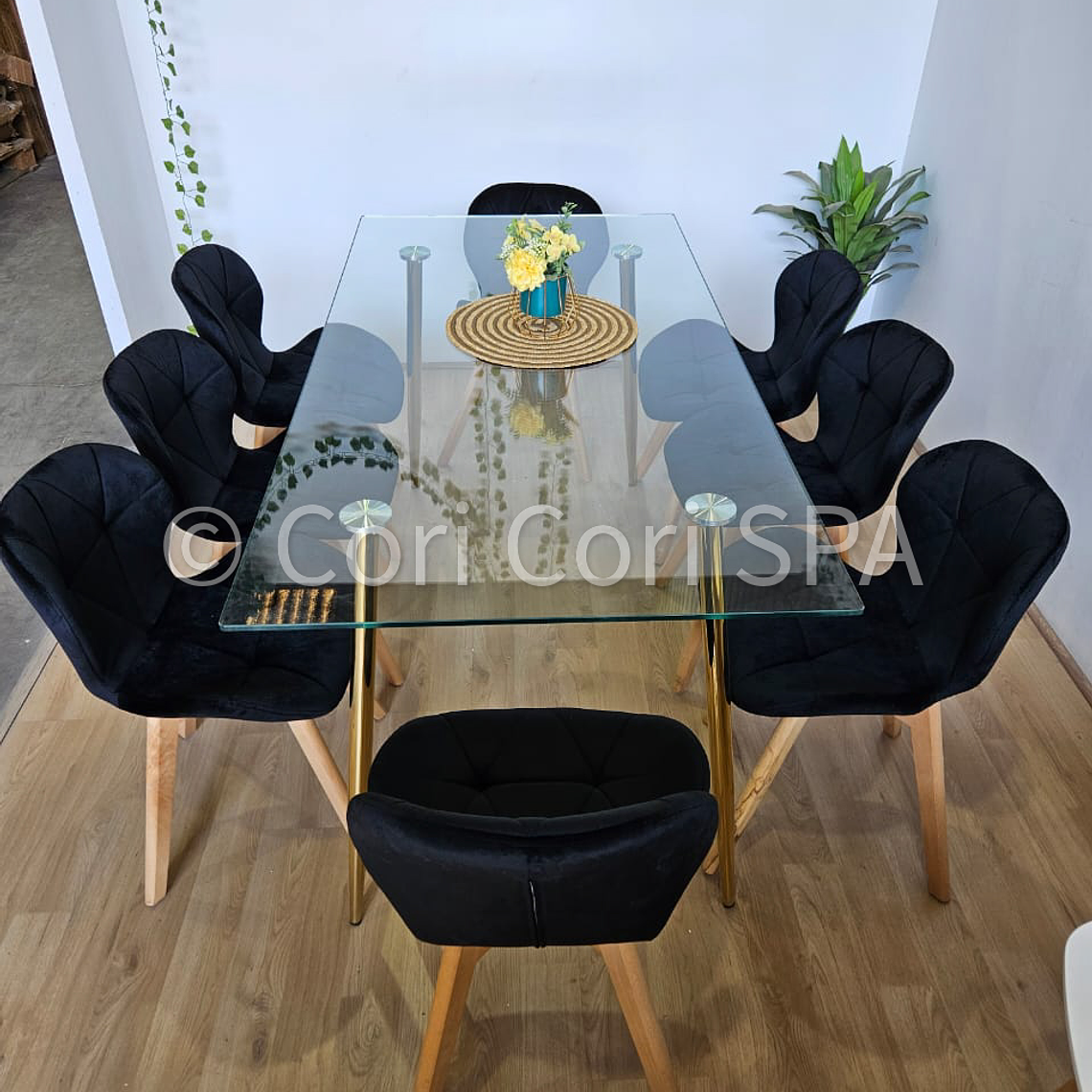Comedor Rubi Gold 160x80cms  + 8 Sillas Mariposa Velvet  8