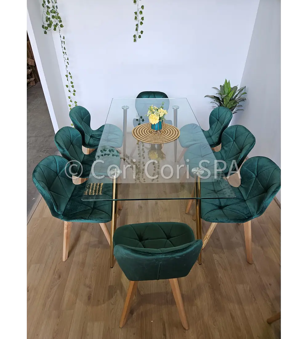 Comedor Rubi Gold 160x80cms  + 8 Sillas Mariposa Velvet 