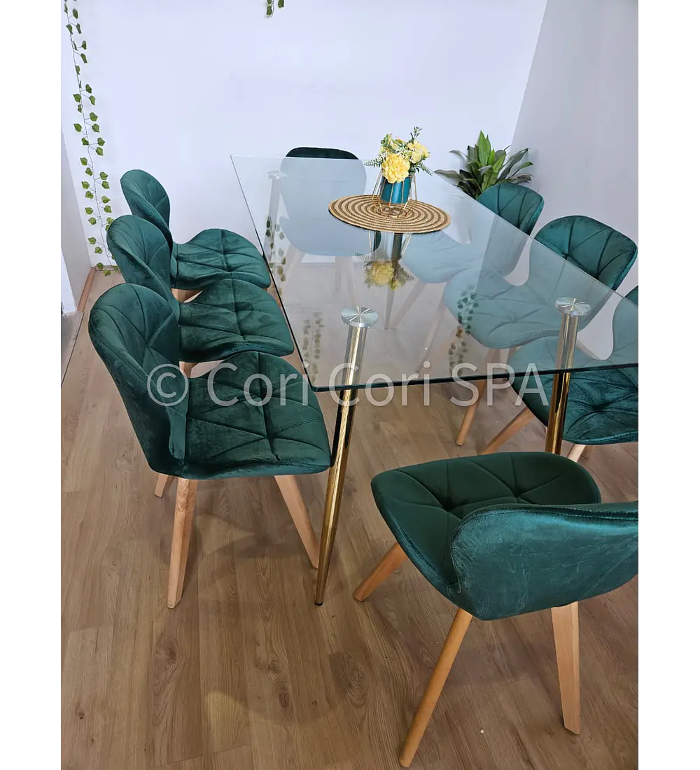 Comedor Rubi Gold 160x80cms  + 8 Sillas Mariposa Velvet 