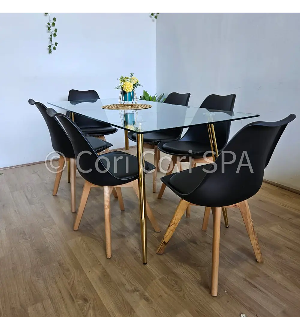 Comedor Rubi Gold 160x80cms  + 8 Sillas Tulip