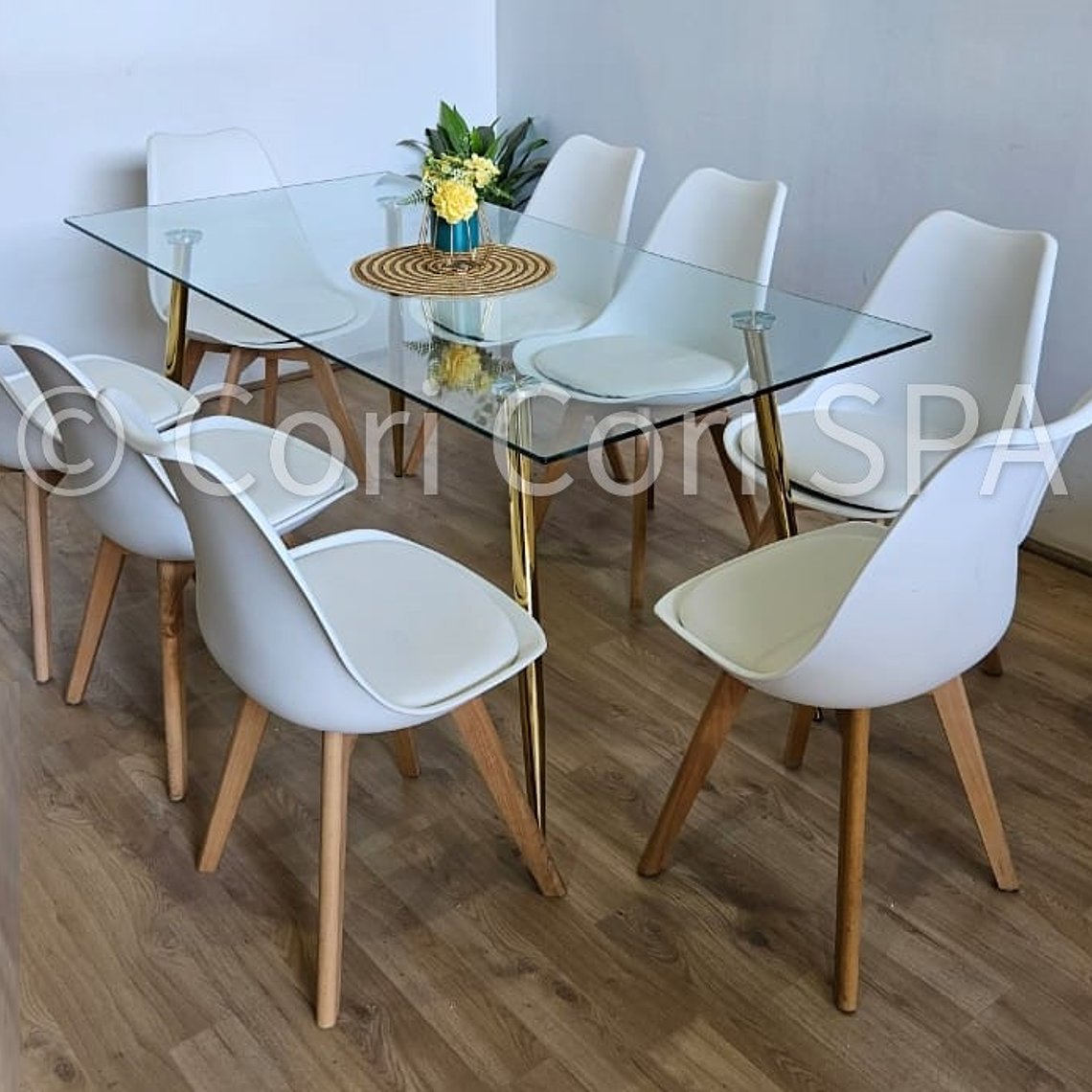Comedor Rubi Gold 160x80cms  + 8 Sillas Tulip 16