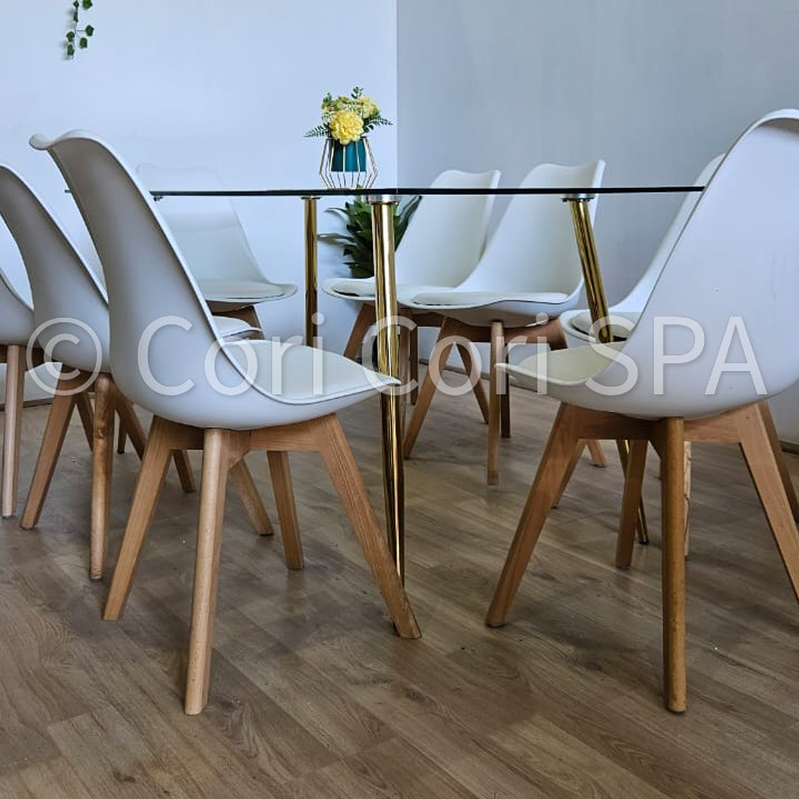 Comedor Rubi Gold 160x80cms  + 8 Sillas Tulip 21
