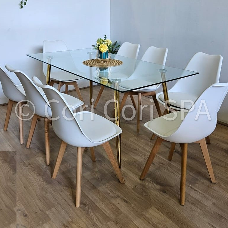 Comedor Rubi Gold 160x80cms  + 8 Sillas Tulip 23