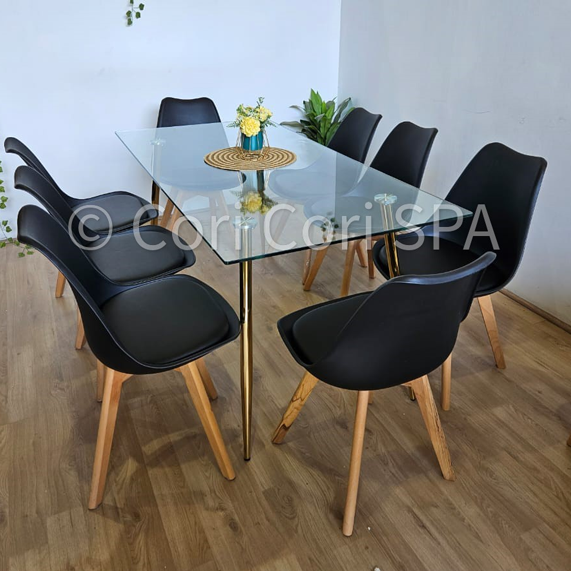 Comedor Rubi Gold 160x80cms  + 8 Sillas Tulip 25