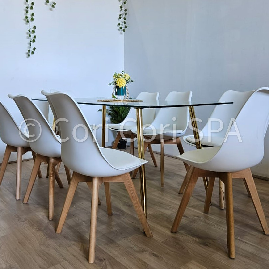 Comedor Rubi Gold 160x80cms  + 8 Sillas Tulip 27