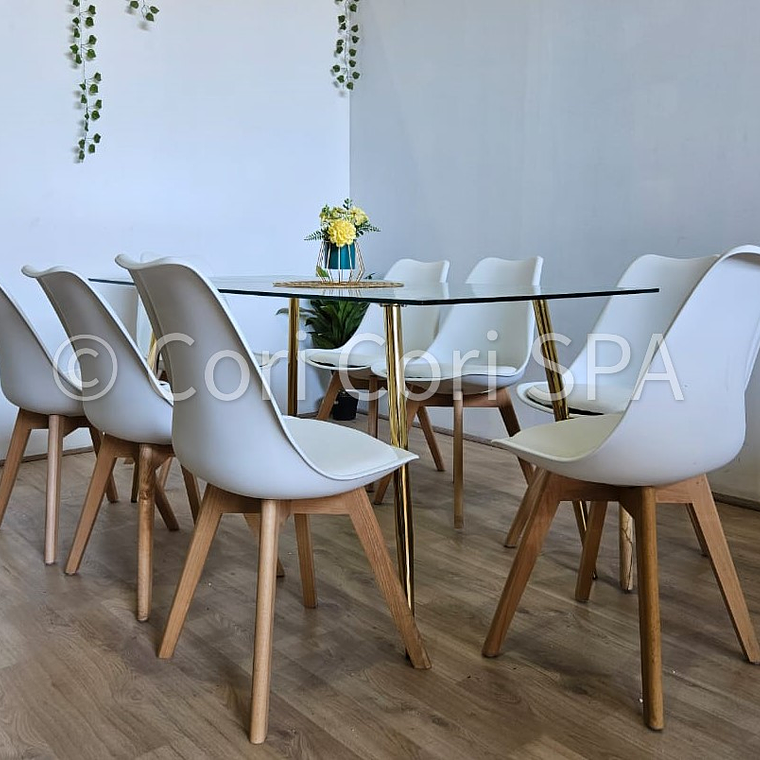 Comedor Rubi Gold 160x80cms  + 8 Sillas Tulip 27
