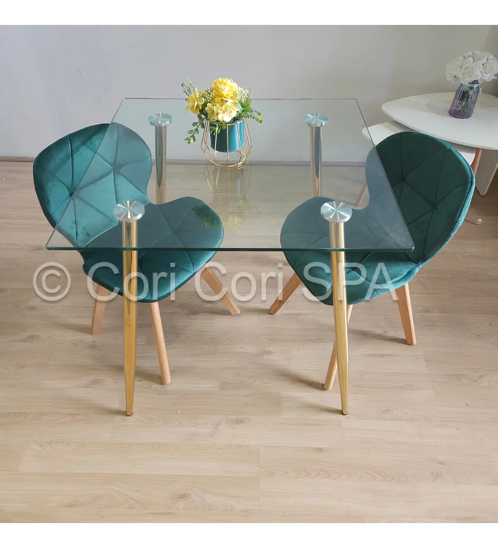 Comedor Rubi Gold Cuadrada 80x80cms + 2 Sillas Mariposa Velvet