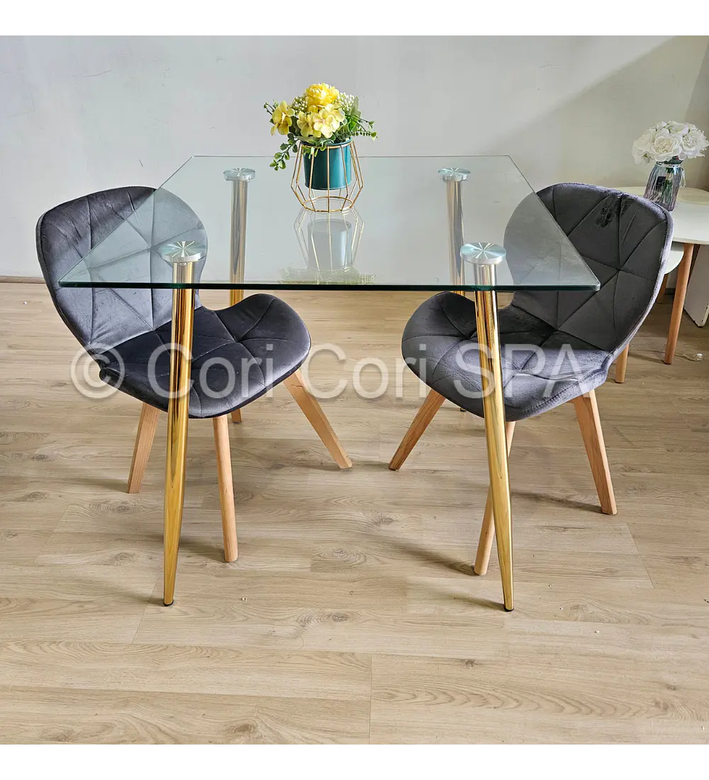 Comedor Rubi Gold Cuadrada 80x80cms + 2 Sillas Mariposa Velvet