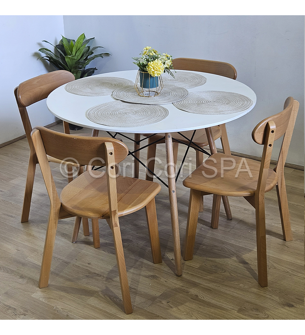 Comedor Mesa Eames Blanca 80cms + 4 Sillas Fresno 