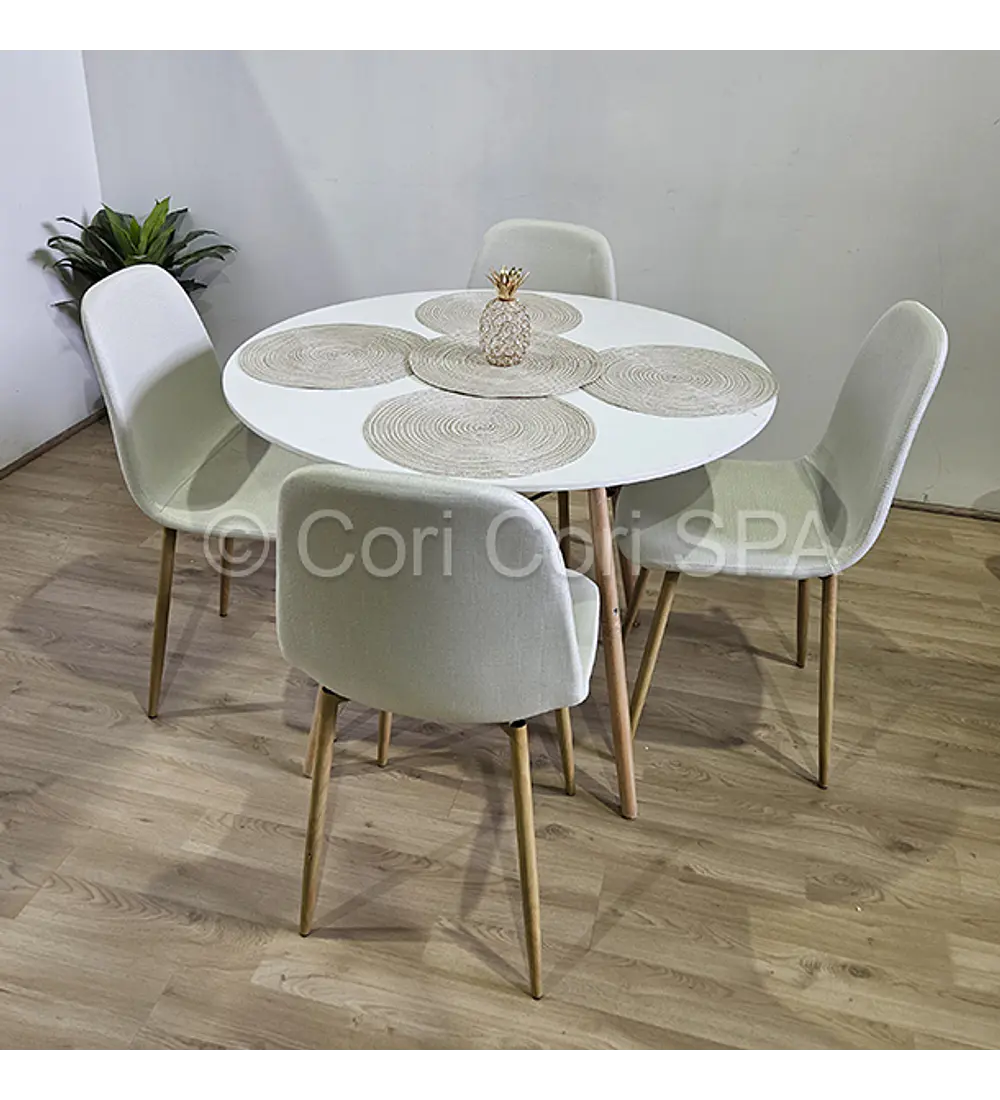 Comedor Mesa Eames Blanca 100cms + 4 Sillas Scoop Lino