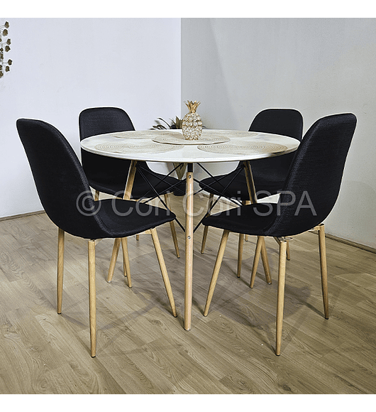 Comedor Mesa Eames Blanca 100cms + 4 Sillas Scoop Lino