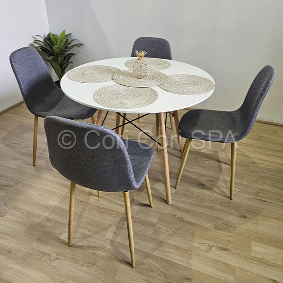 Comedor Mesa Eames Blanca 100cms + 4 Sillas Scoop Lino 3