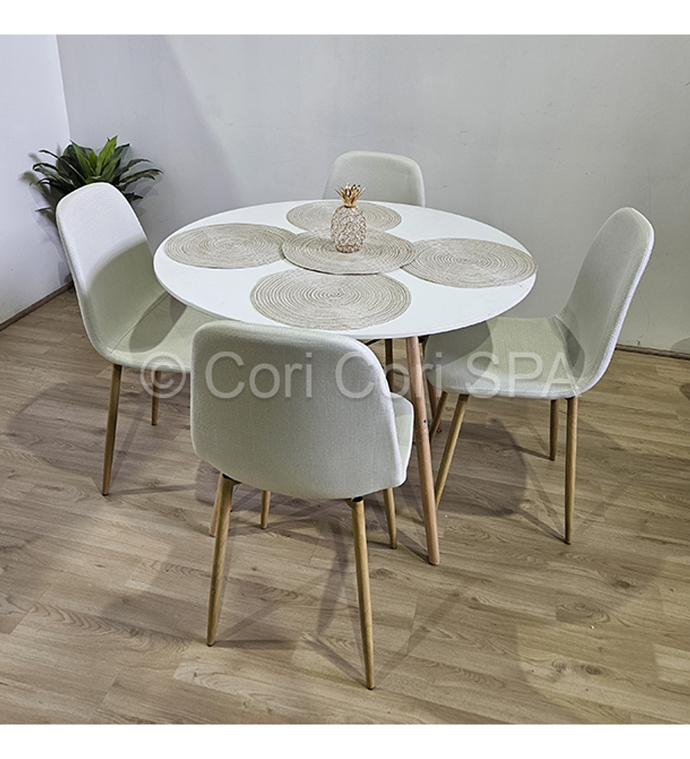 Comedor Mesa Eames Blanca 80cms + 4 Sillas Scoop Lino