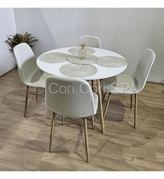 Comedor Mesa Eames Blanca 80cms + 4 Sillas Scoop Lino