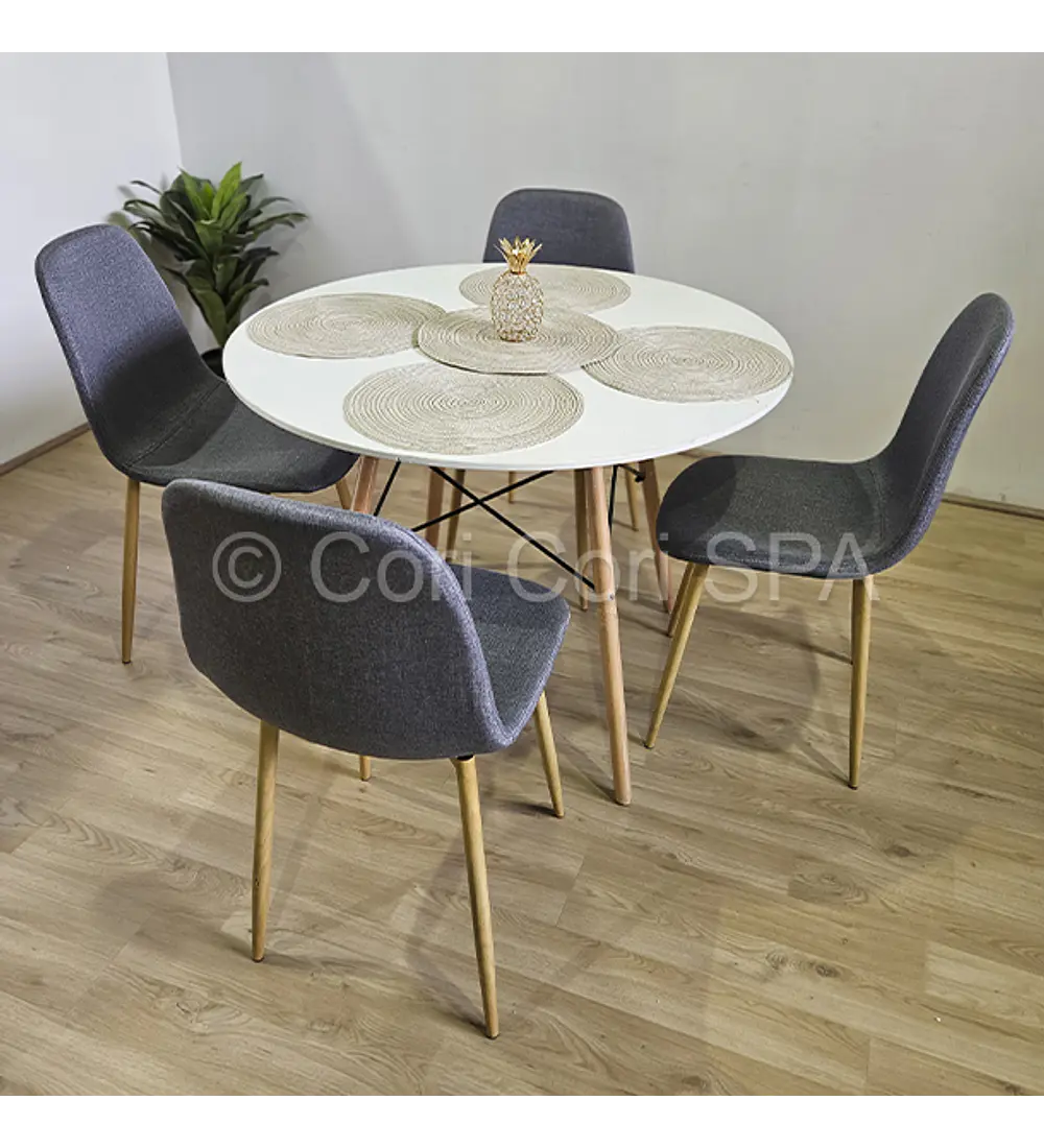 Comedor Mesa Eames Blanca 80cms + 4 Sillas Scoop Lino