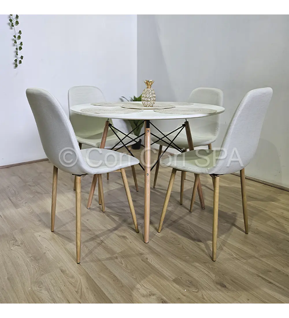 Comedor Mesa Eames Blanca 80cms + 4 Sillas Scoop Lino