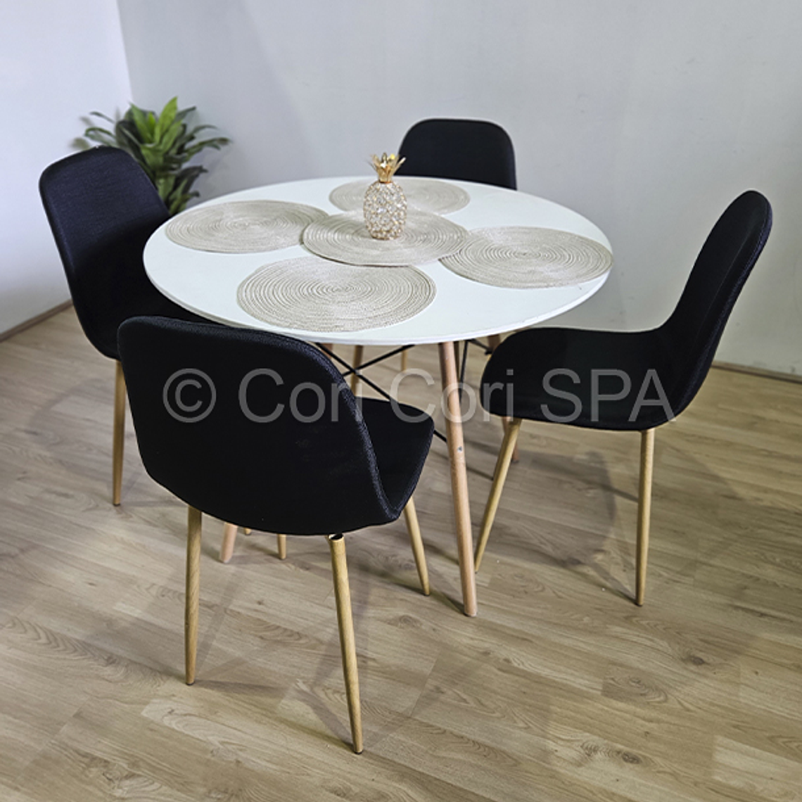 Comedor Mesa Eames Blanca 80cms + 4 Sillas Scoop Lino 5