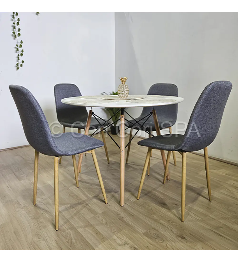 Comedor Mesa Eames Blanca 80cms + 4 Sillas Scoop Lino