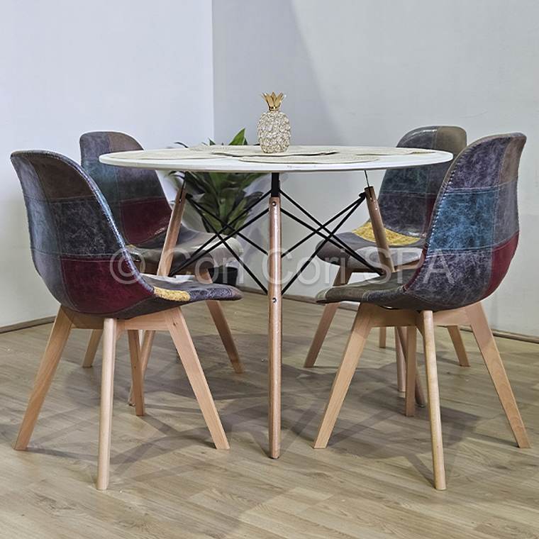 Comedor Mesa Eames Blanca 100cms + 4 Sillas Patchwork Davinci 2