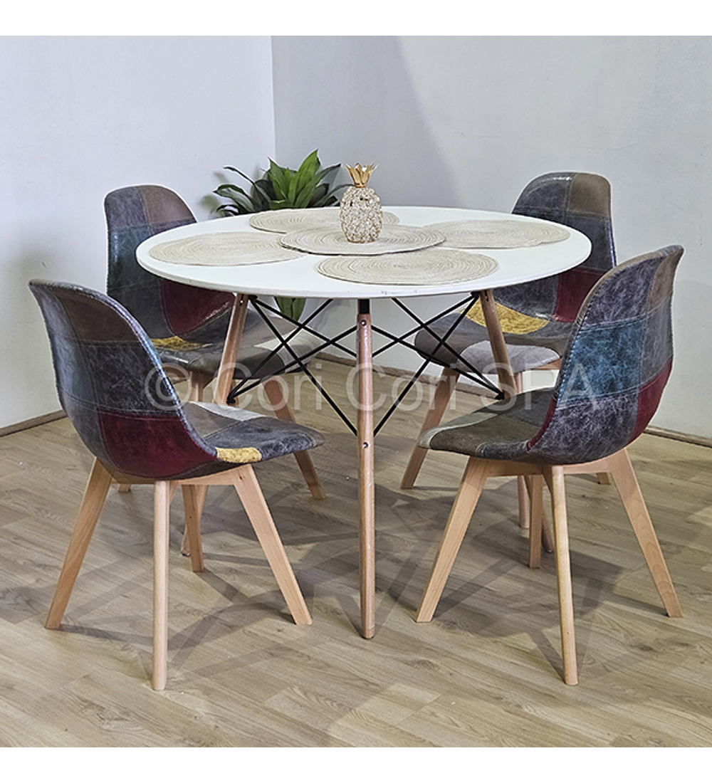 Comedor Mesa Eames Blanca 100cms + 4 Sillas Patchwork Davinci
