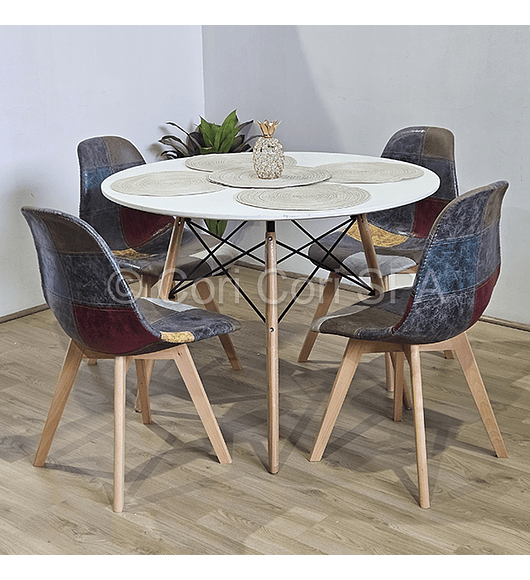 Comedor Mesa Eames Blanca 100cms + 4 Sillas Patchwork Davinci