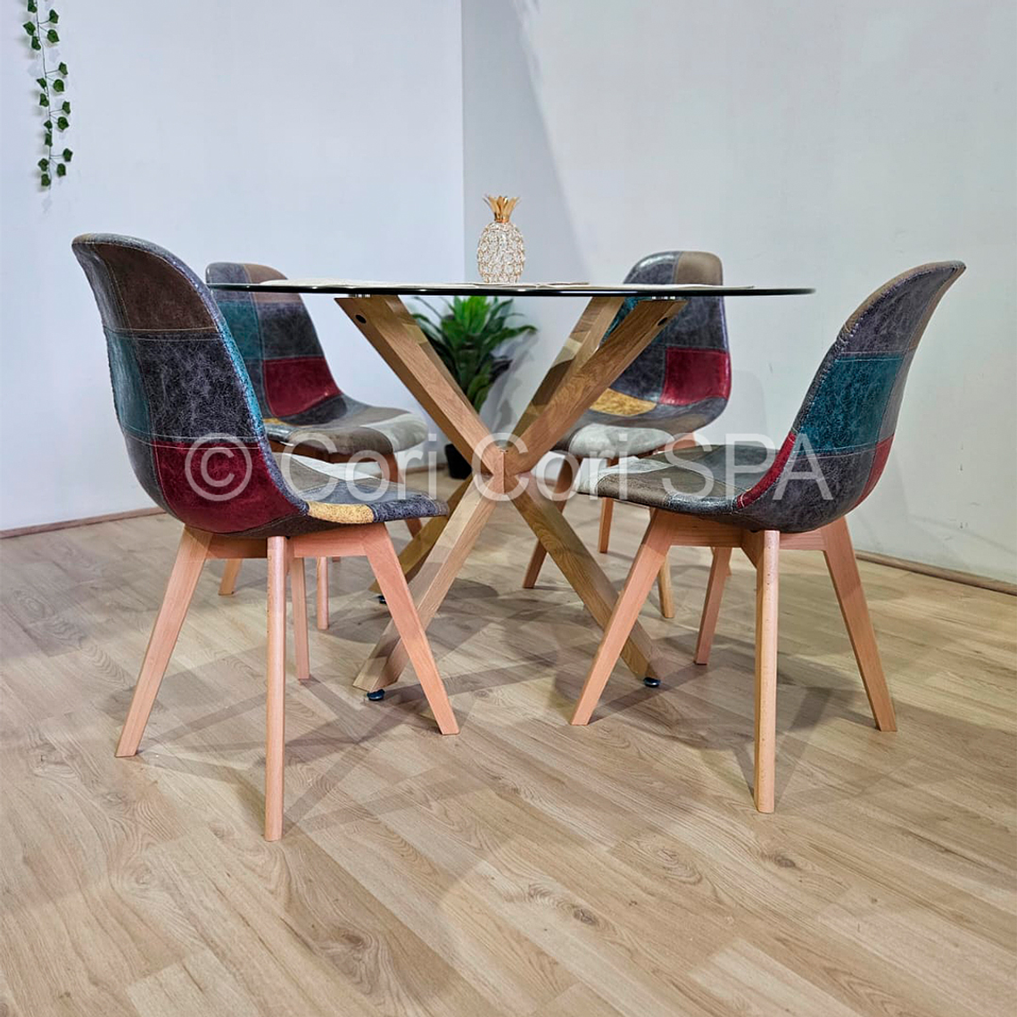 Comedor Mesa Warwick 100cm + 4 Sillas Patchwork DaVinci 1