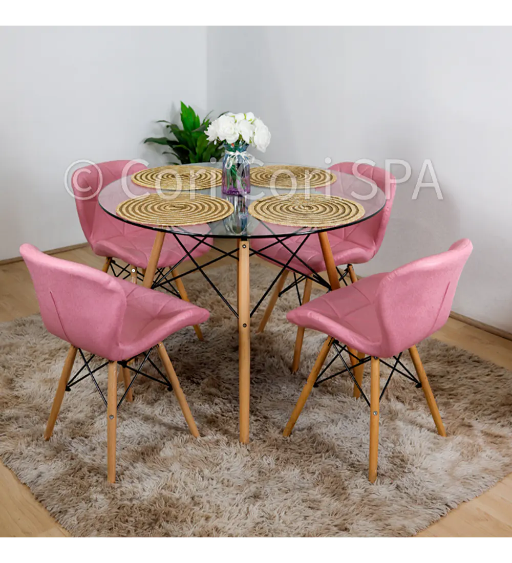 Comedor Eames Vidrio 80cms + 4 Silla Eames Mariposa Ecocuero