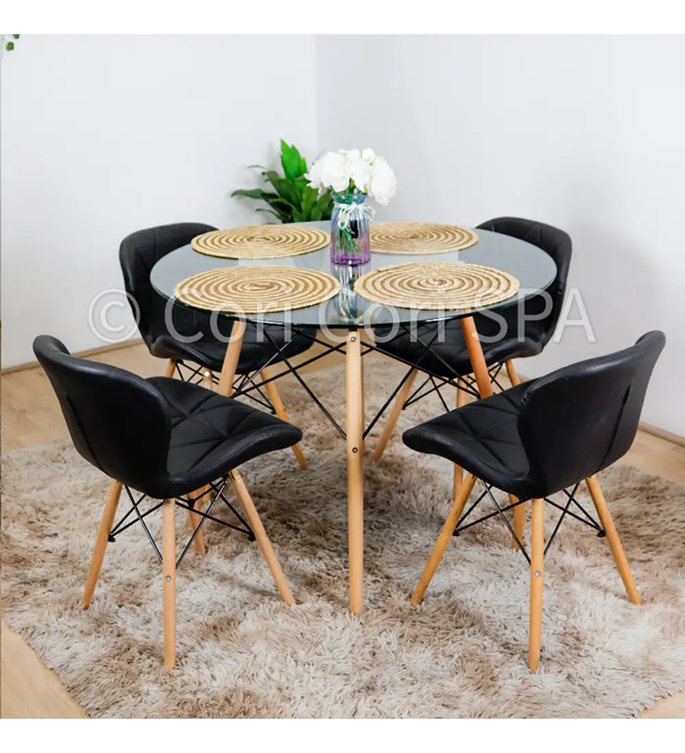 Comedor Eames Vidrio 80cms + 4 Silla Eames Mariposa Ecocuero