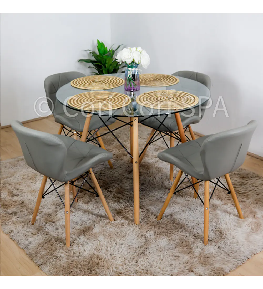 Comedor Eames Vidrio 80cms + 4 Silla Eames Mariposa Ecocuero