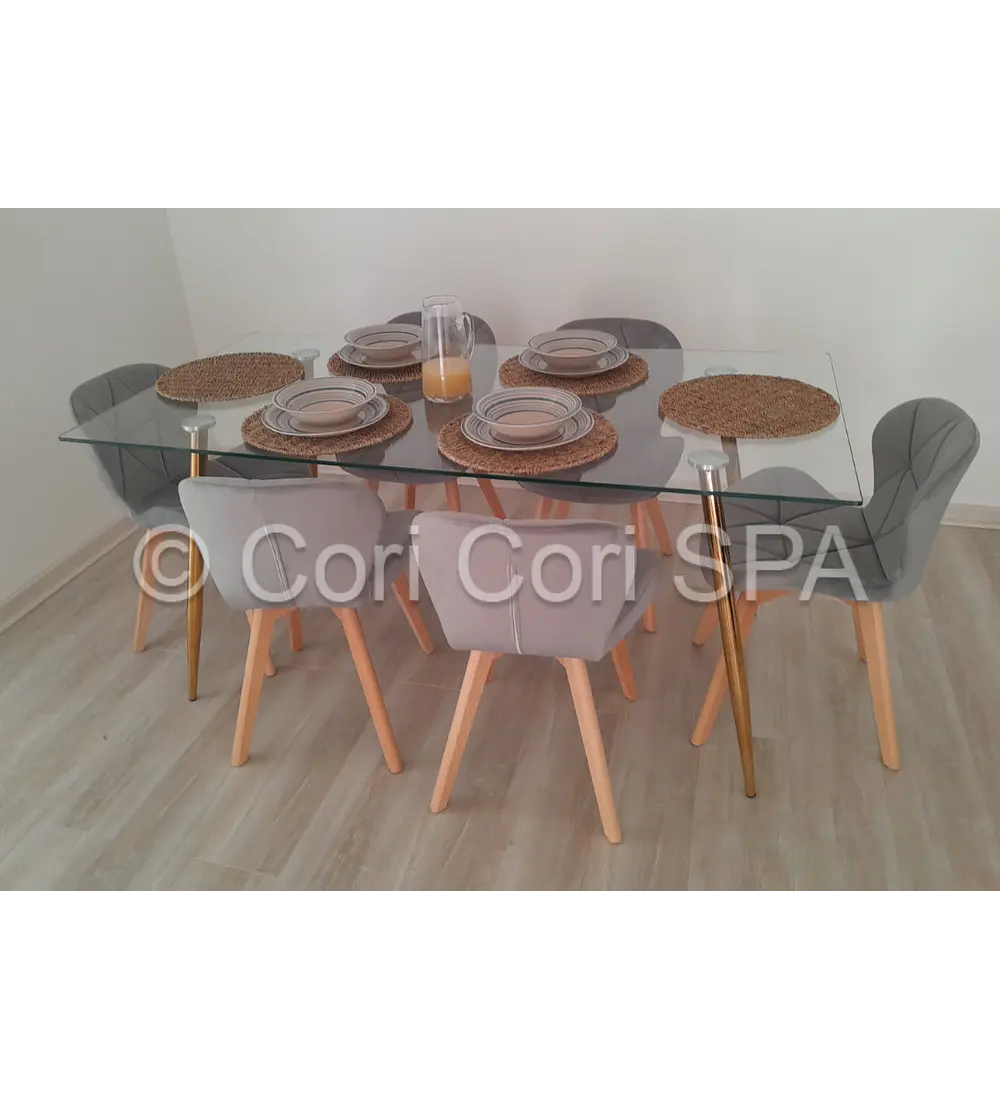 Comedor Rubi Gold 160x80cms + 6 Sillas Mariposa Velvet