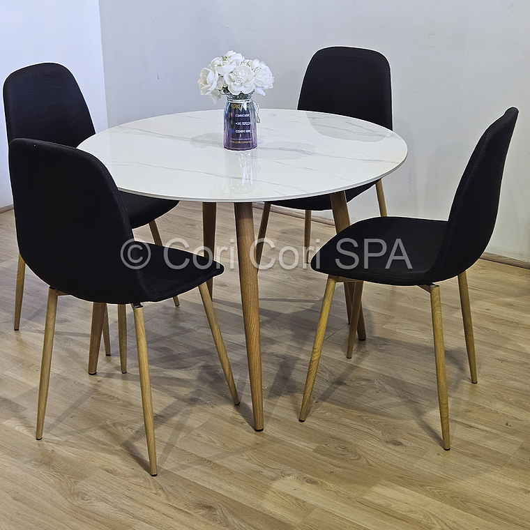 Comedor Mesa Mármol (100cms) + 4 Sillas Scoop Lino 2