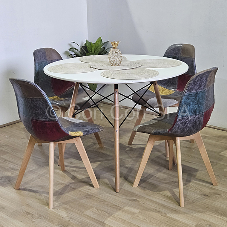 Comedor Mesa Eames Blanca 120cms + 4 Sillas Patchwork Ecocuero Davinci 1