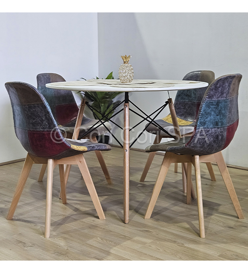 Comedor Mesa Eames Blanca 120cms + 4 Sillas Patchwork Ecocuero Davinci