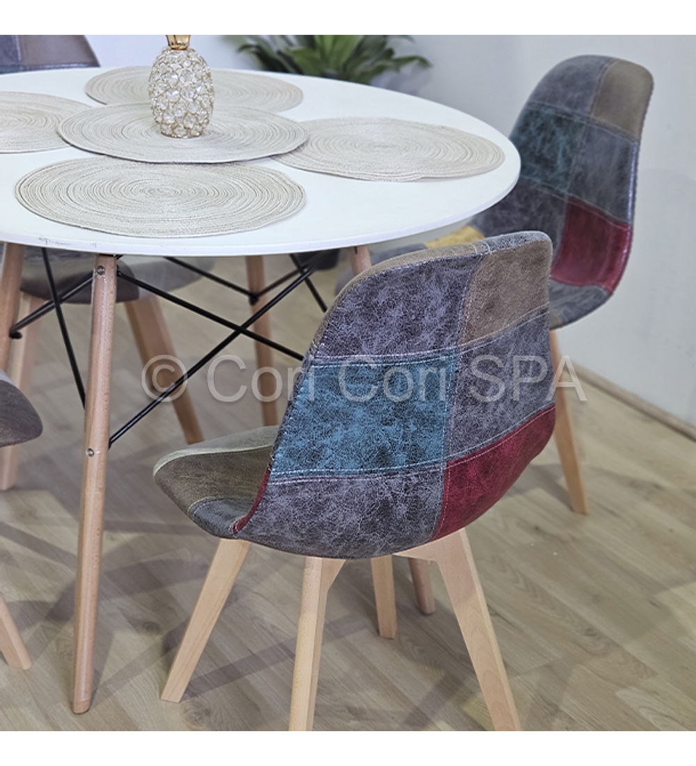 Comedor Mesa Eames Blanca 120cms + 4 Sillas Patchwork Ecocuero Davinci