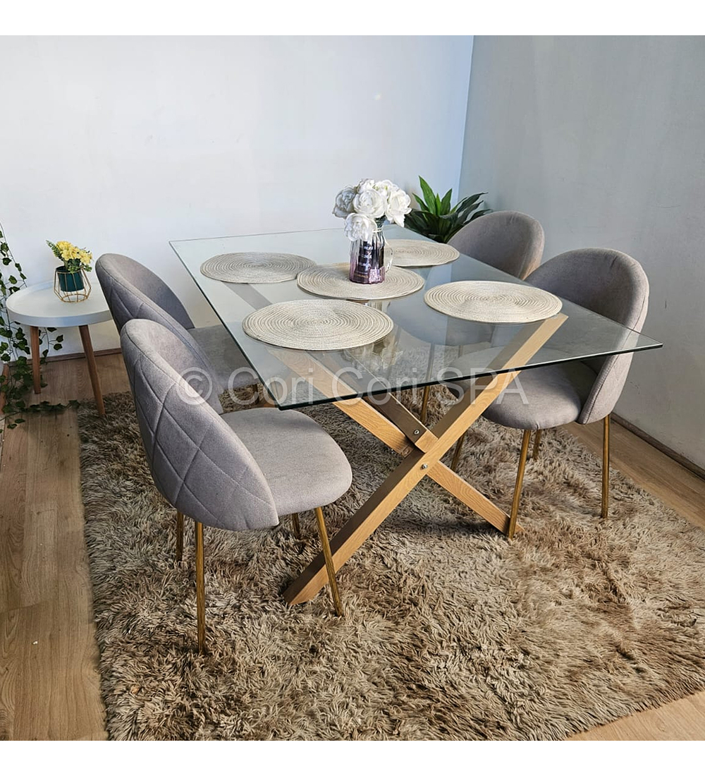 Comedor Medlock Vidrio 140x90 + 4 Sillas Bread Gold