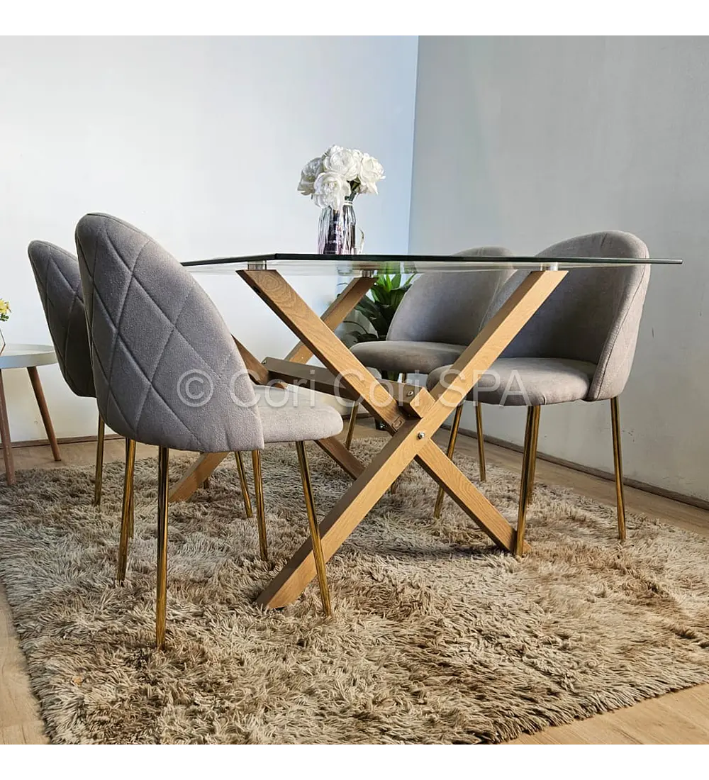 Comedor Medlock Vidrio 140x90 + 4 Sillas Bread Gold