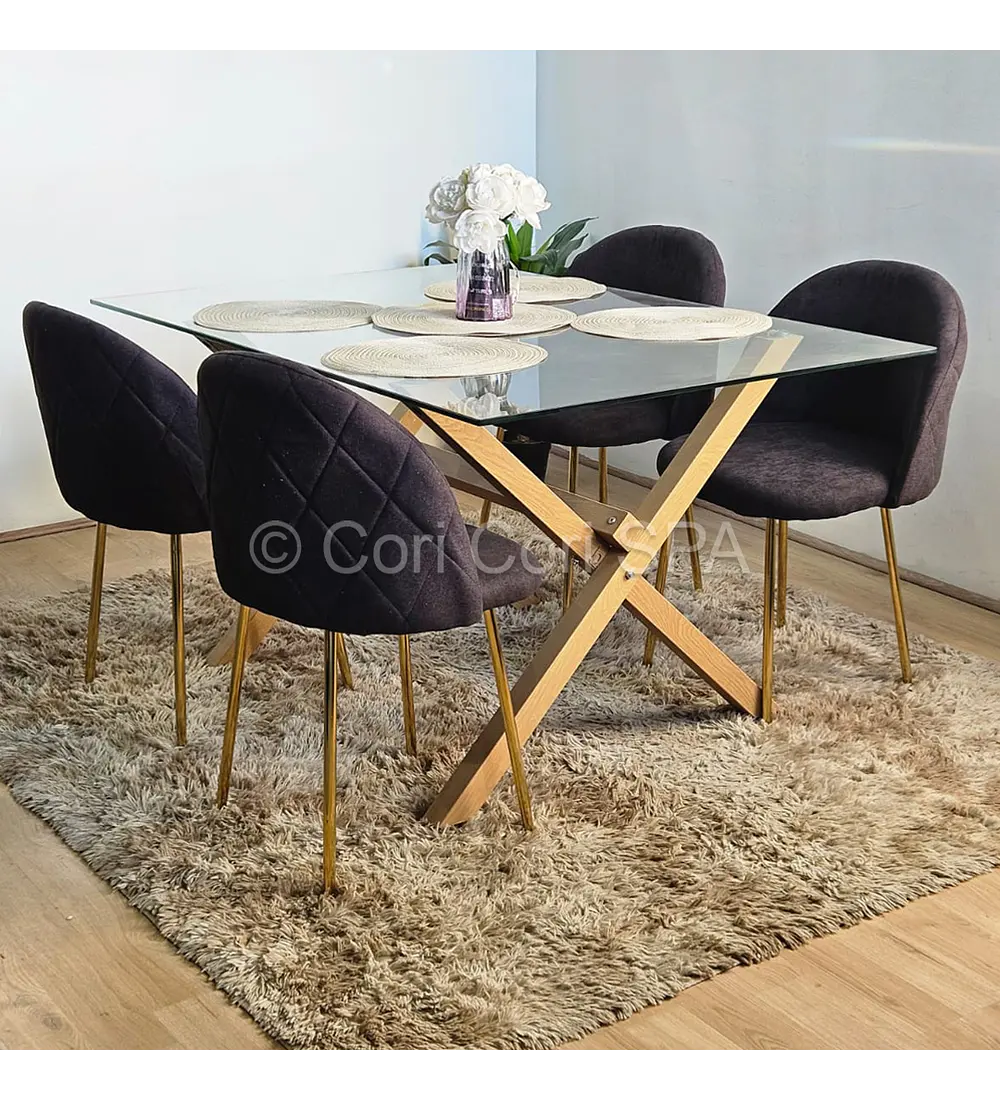 Comedor Medlock Vidrio 140x90 + 4 Sillas Bread Gold