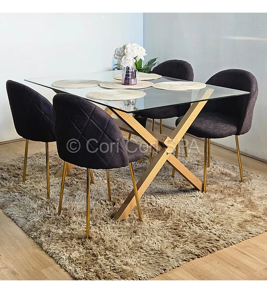 Comedor Medlock Vidrio 140x90 + 4 Sillas Bread Gold