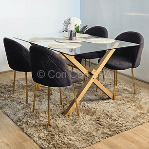 Comedor Medlock Vidrio 140x90 + 4 Sillas Bread Gold