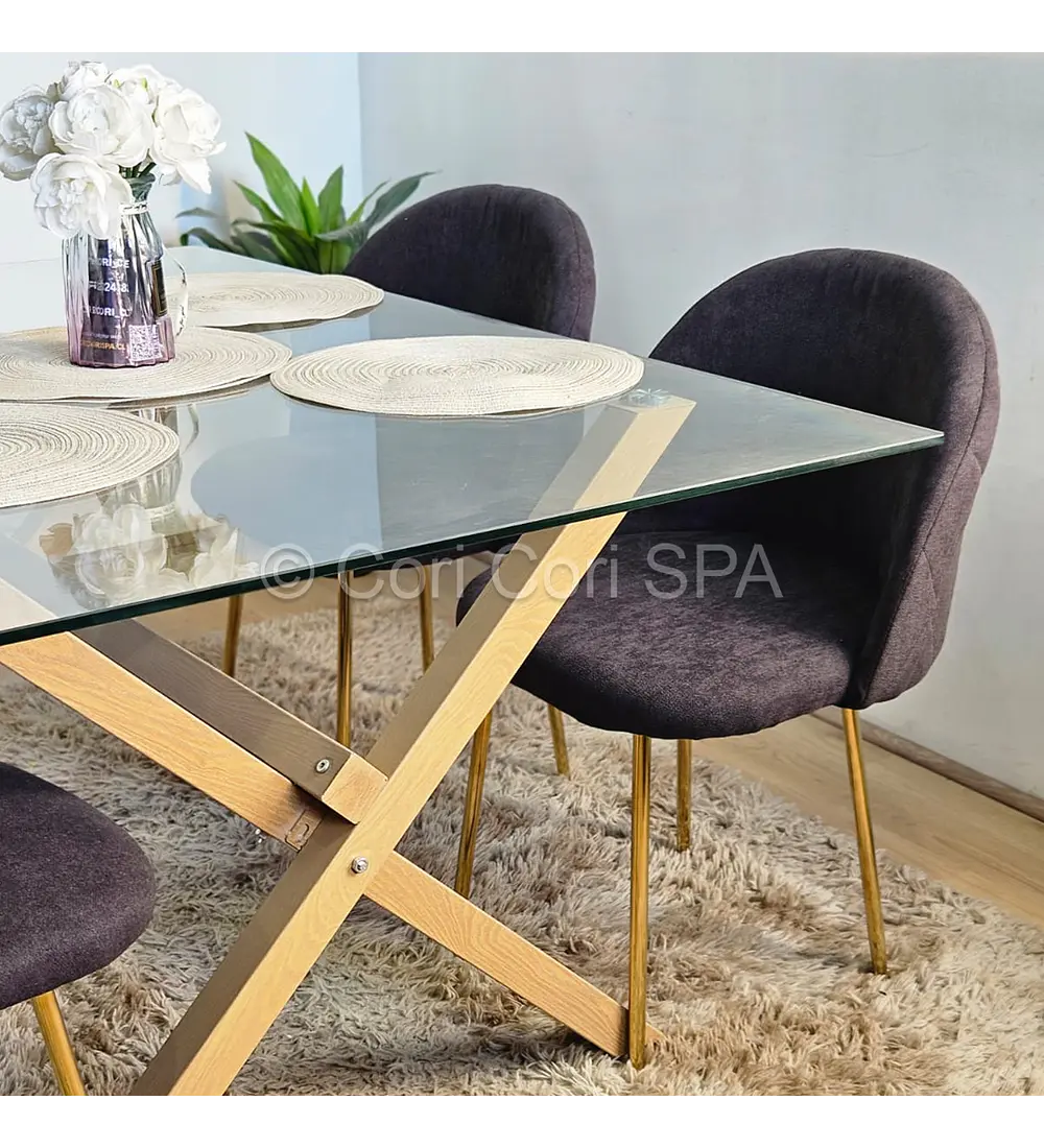 Comedor Medlock Vidrio 140x90 + 4 Sillas Bread Gold