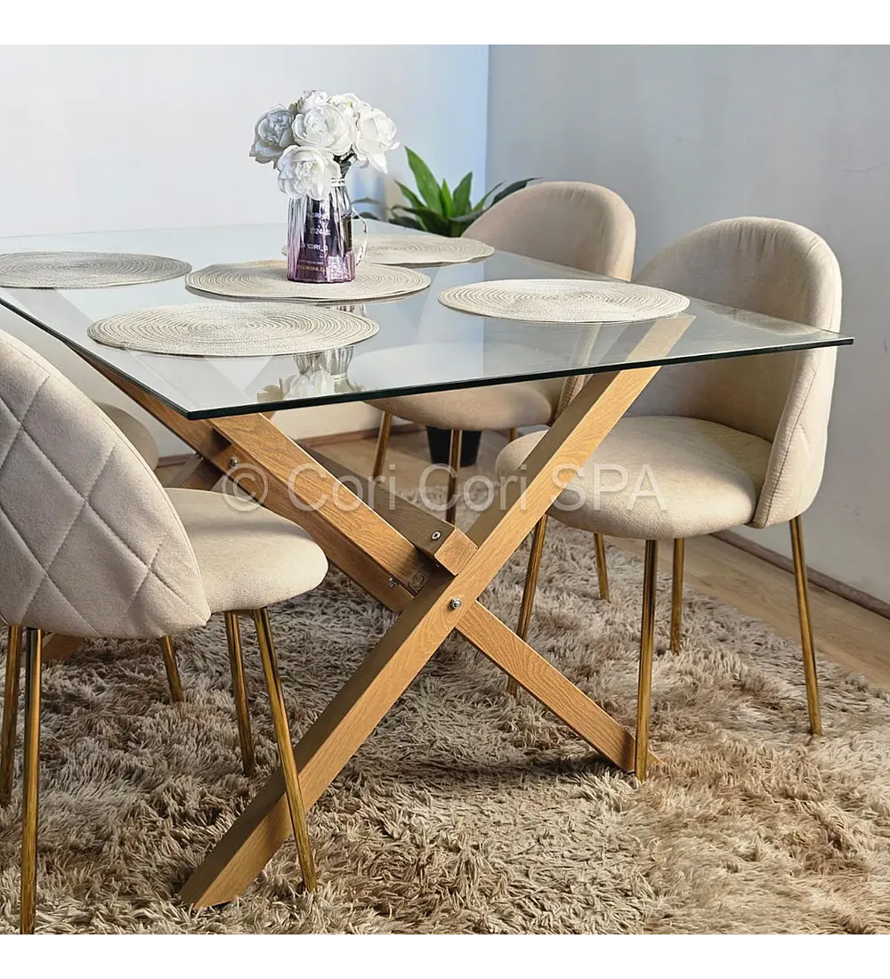 Comedor Medlock Vidrio 140x90 + 4 Sillas Bread Gold
