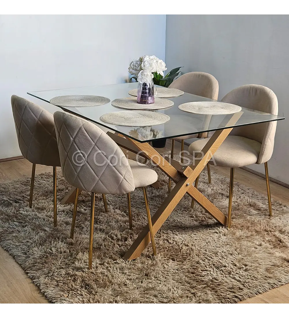 Comedor Medlock Vidrio 140x90 + 4 Sillas Bread Gold