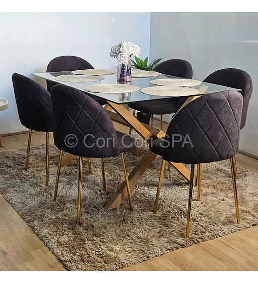 Comedor Medlock 140x90cms + 6 Sillas Bread Lino Gold